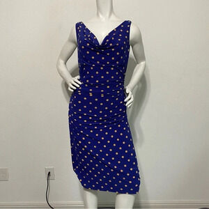 Lauren Ralph Lauren Blue Polka Dot Draped V-Neck Sleeveless Midi Dress Size 8